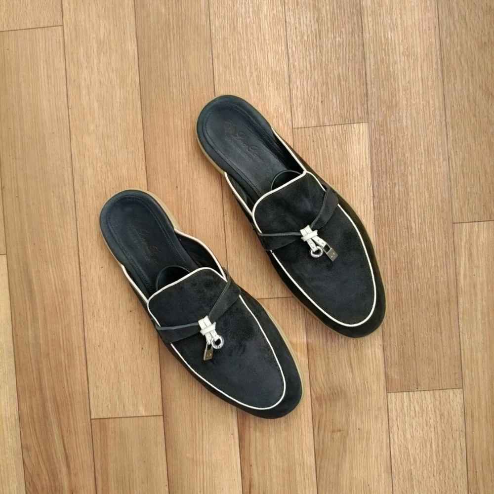Loro Piana Black Loafers with Embroidered Detail